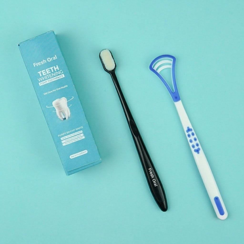 Fresh Oral - Teeth Whitening Foam + Nano Toothbrush + Tongue Cleaner Deal
